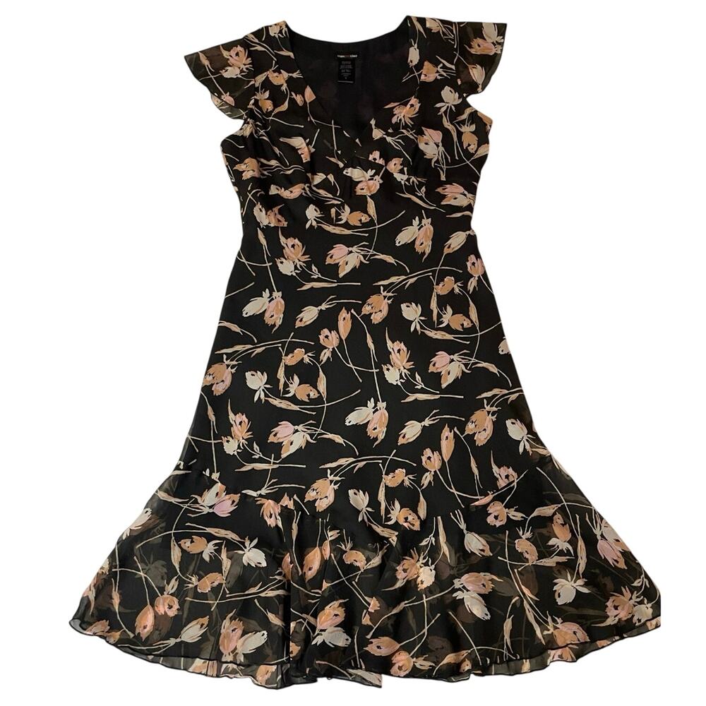 Max and Cleo Y2K Style Boho Black Floral Flutter Sleeve Midi Silk Dress Size 6